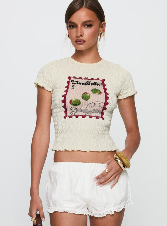 Ciao Bella Shirred Graphic Top Cream