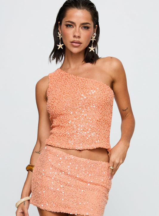Zaraya Sequin One Shoulder Top Orange
