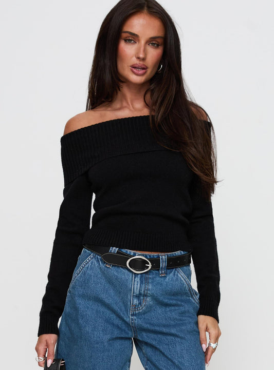 One For Me Off The Shoulder Long Sleeve Sweater Black