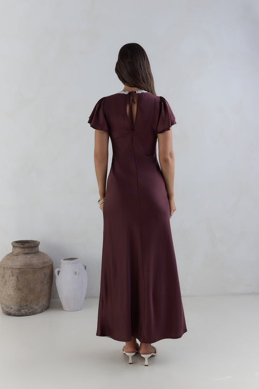 Postcard Dreams Satin Maxi Dress Brown