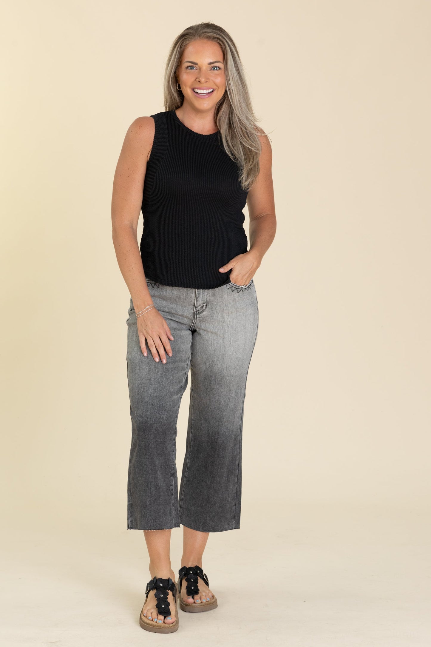 Judy Blue Grey Vintage Wash Crop Wide Jeans