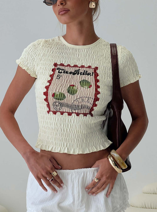 Ciao Bella Shirred Graphic Top Cream