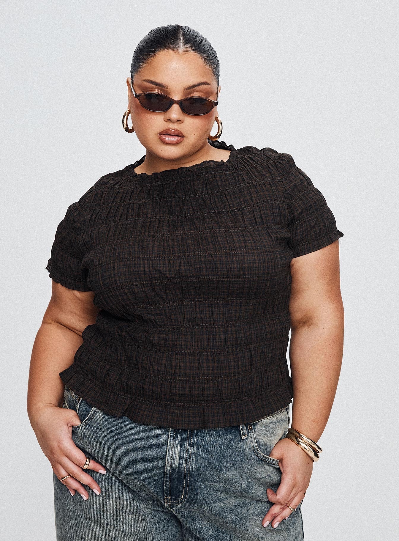 Romelle Shirred Top Black / Brown Plaid