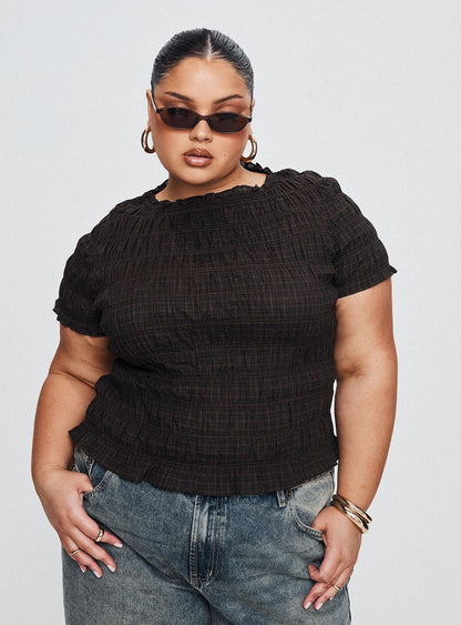 Romelle Shirred Top Black / Brown Plaid