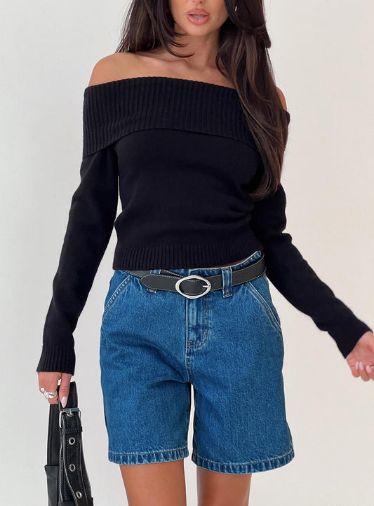 One For Me Off The Shoulder Long Sleeve Sweater Black
