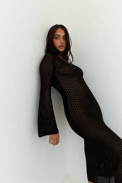 Sailing Into Sunset Knit Long Sleeve Maxi Dress Black