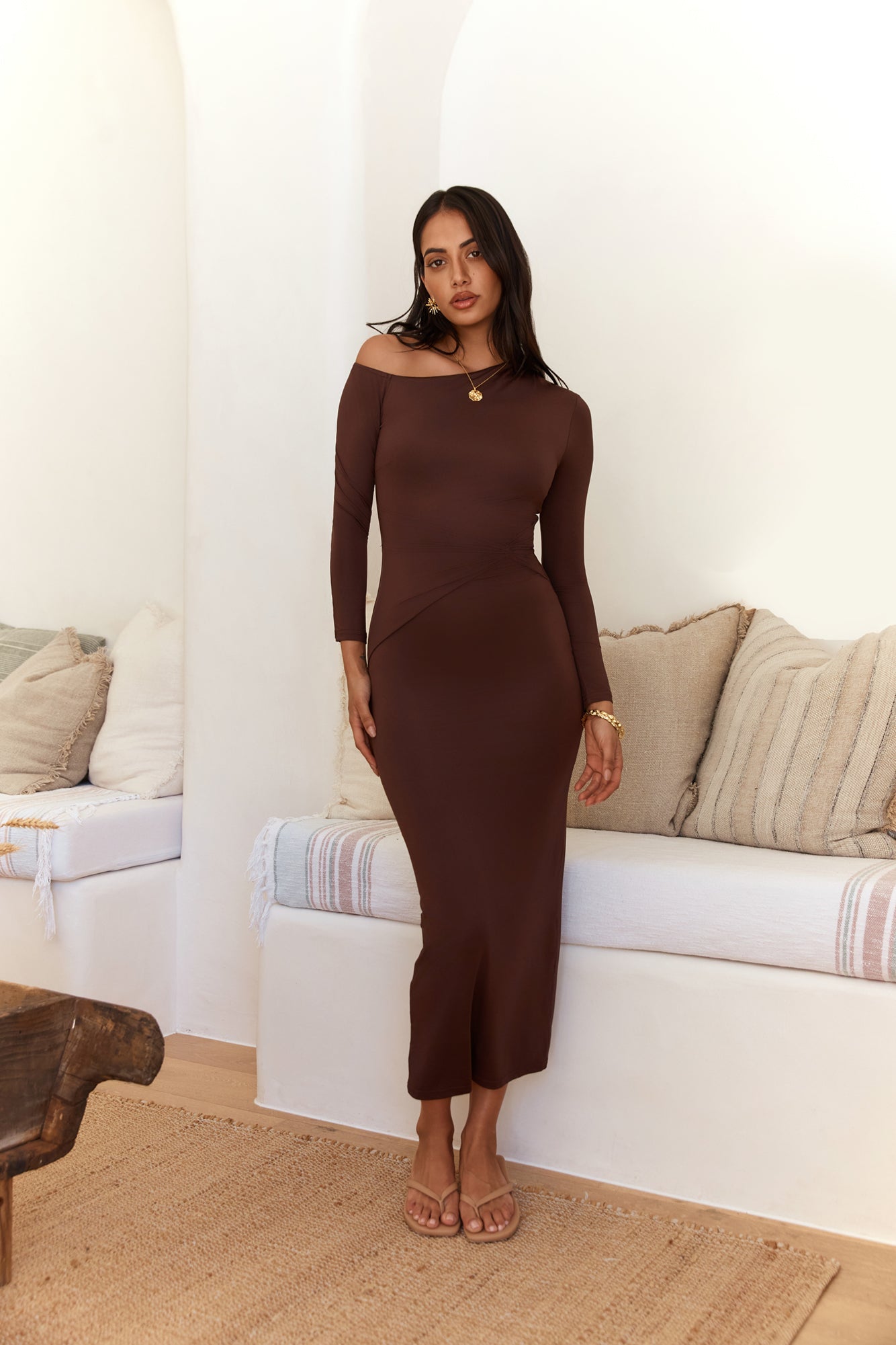Winter Goddess Off Shoulder Long Sleeve Maxi Dress Brown