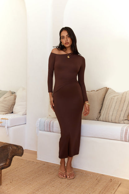 Winter Goddess Off Shoulder Long Sleeve Maxi Dress Brown