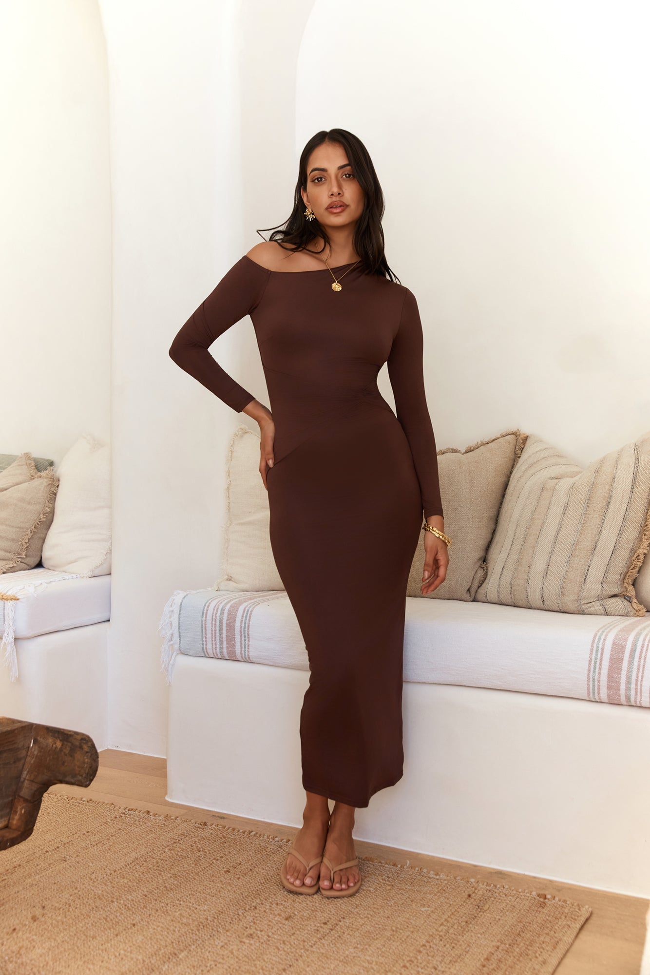 Winter Goddess Off Shoulder Long Sleeve Maxi Dress Brown