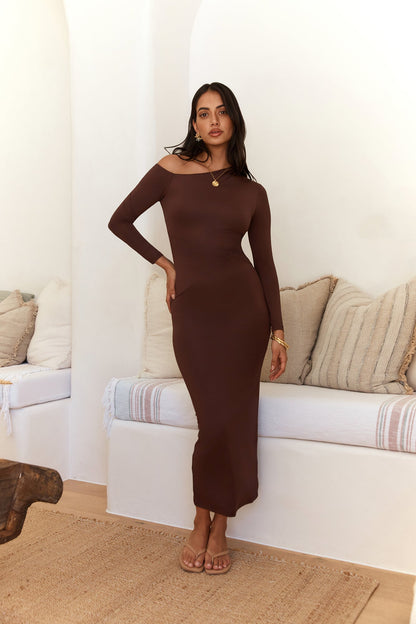Winter Goddess Off Shoulder Long Sleeve Maxi Dress Brown