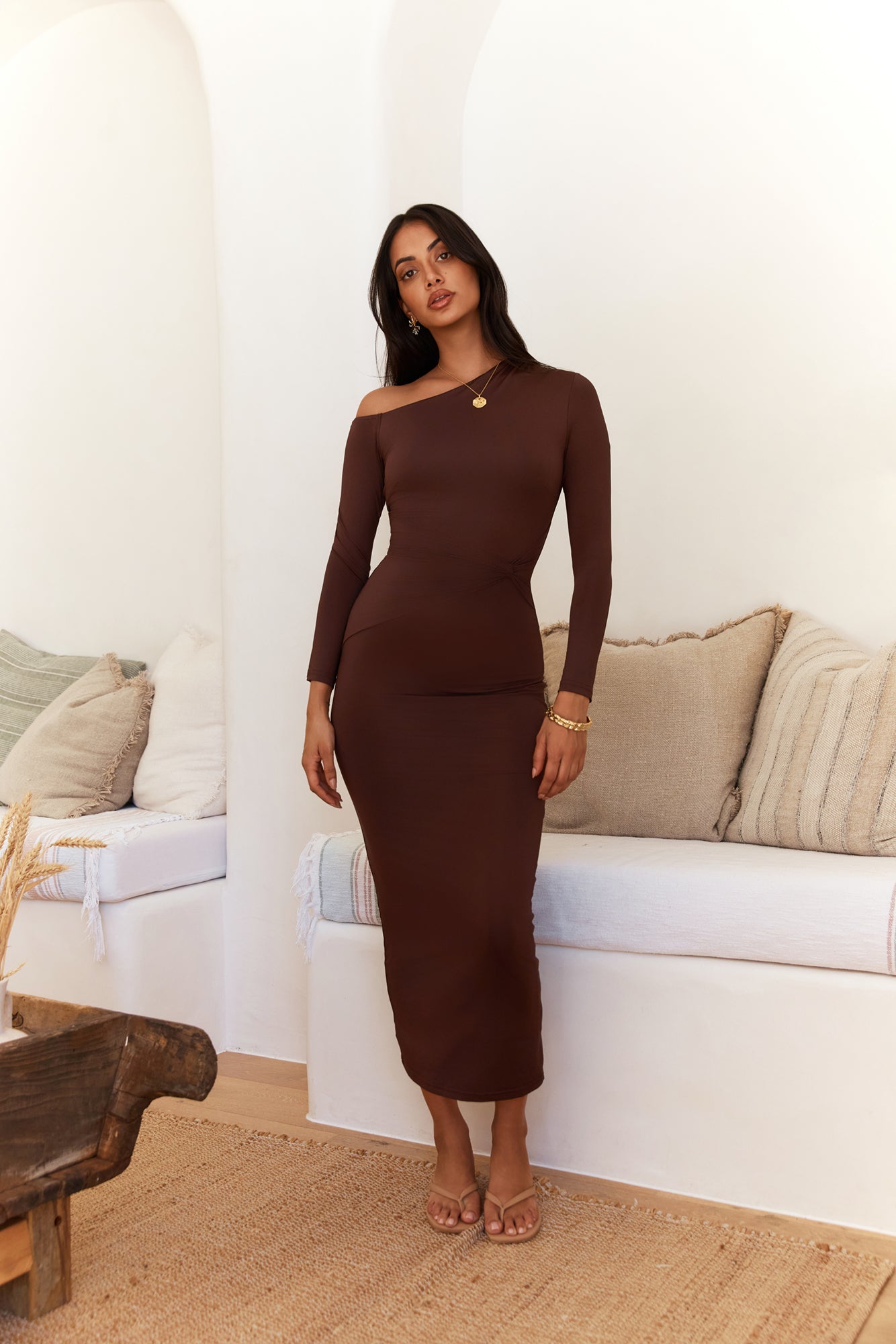 Winter Goddess Off Shoulder Long Sleeve Maxi Dress Brown