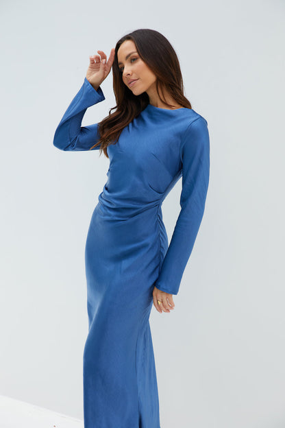 The Forget Me Not Satin Midi Dress Navy