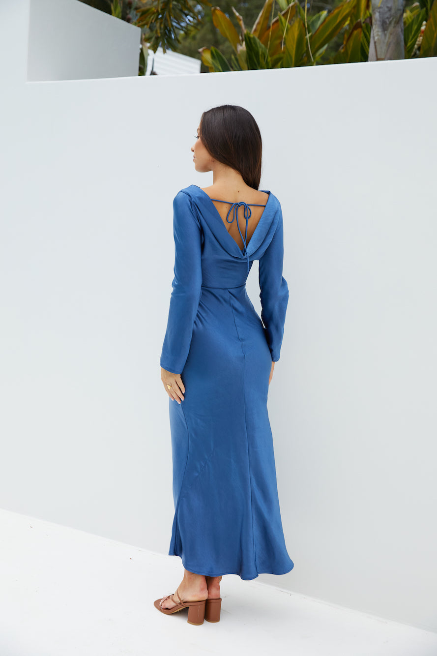 The Forget Me Not Satin Midi Dress Navy