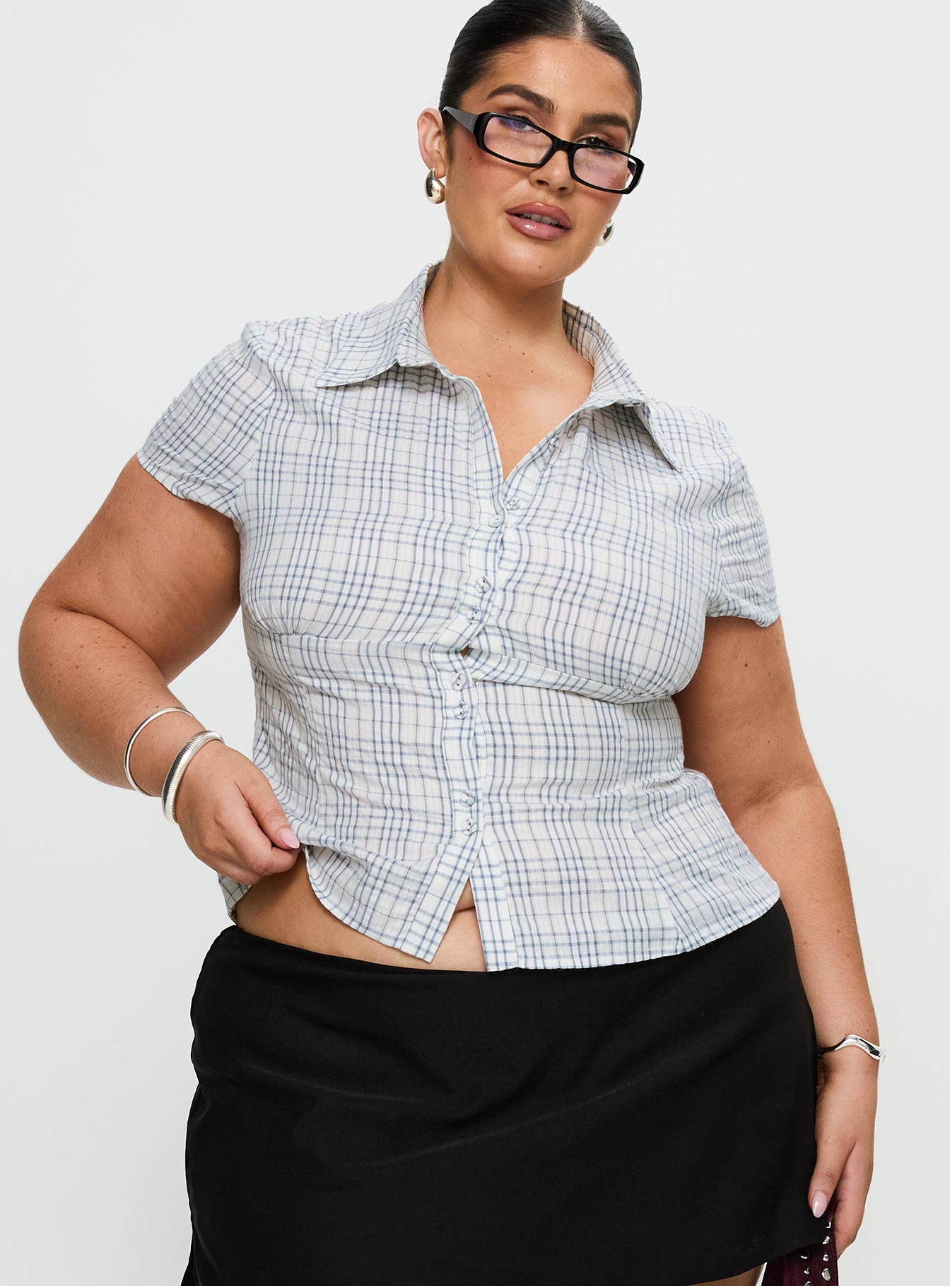 Cottesloe Blouse Top Blue Check Curve