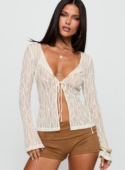 Open Your Heart Tie Detail Long Sleeve Top Cream
