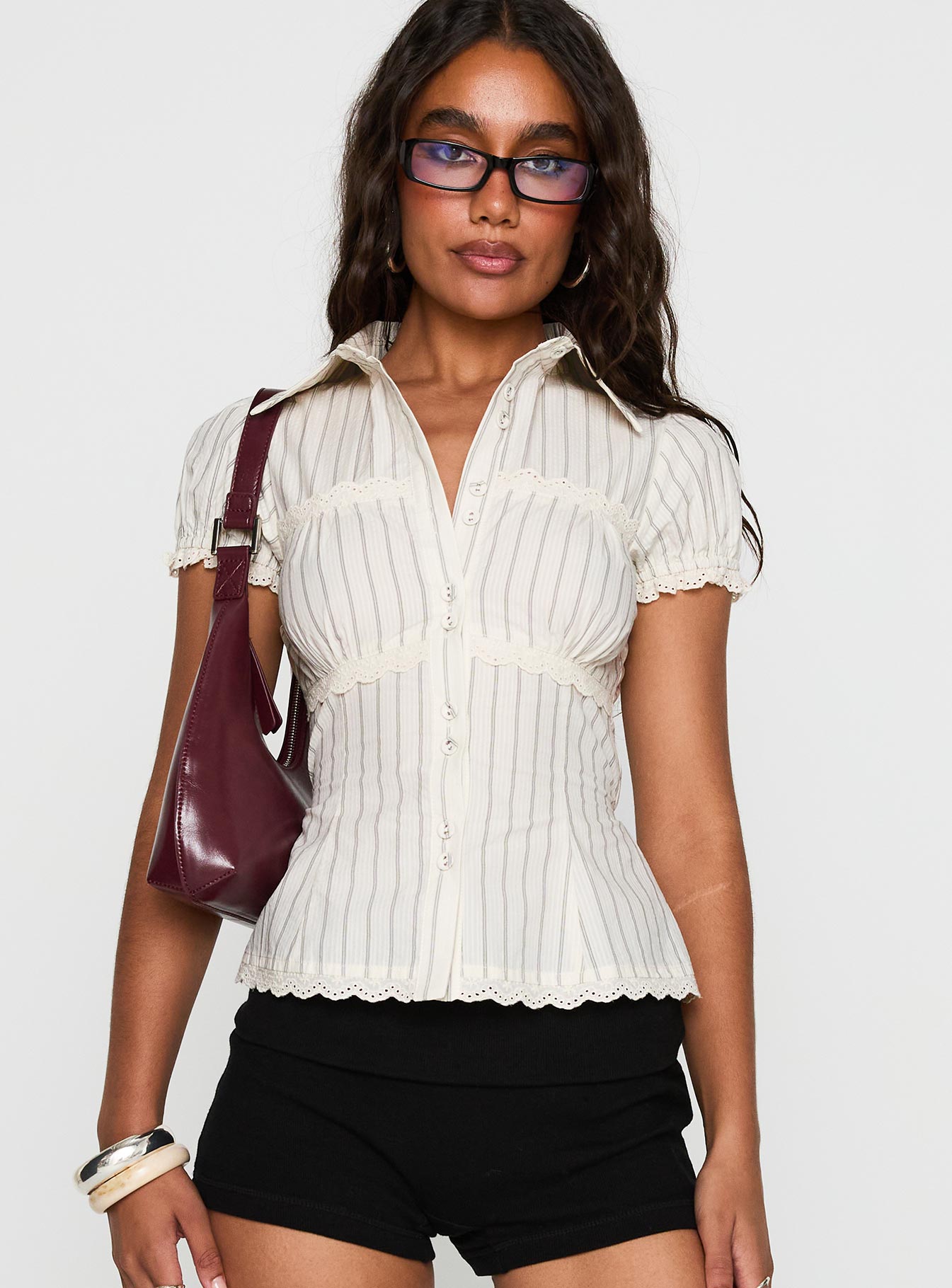 Deserve You Puff Sleeve Button Front Top Cream Stripe Petite