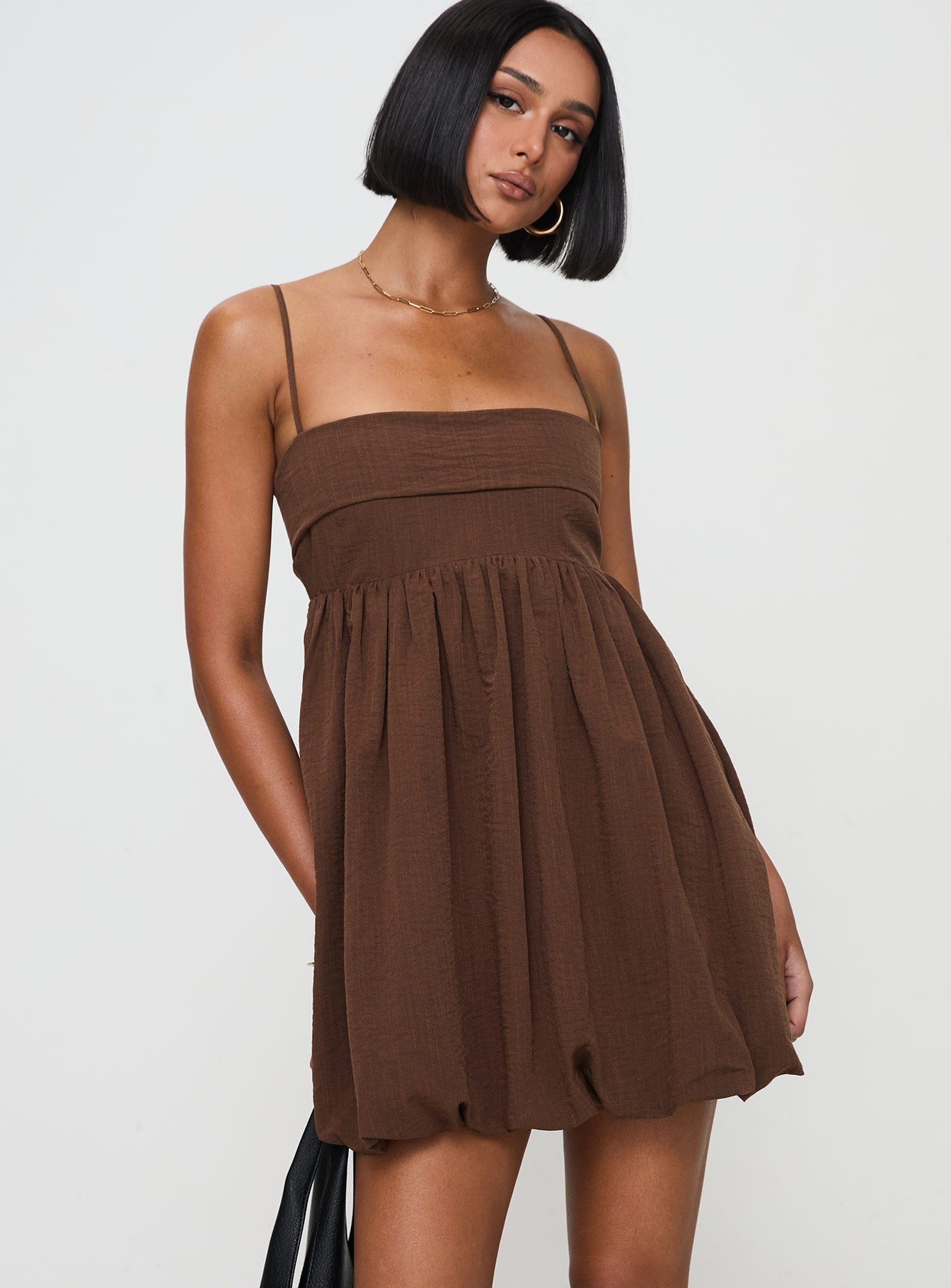 Layken Bubble Hem Mini Dress Chocolate Petite