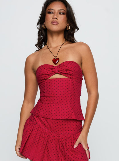 Kandee Twist Linen Blend Top Red Polka