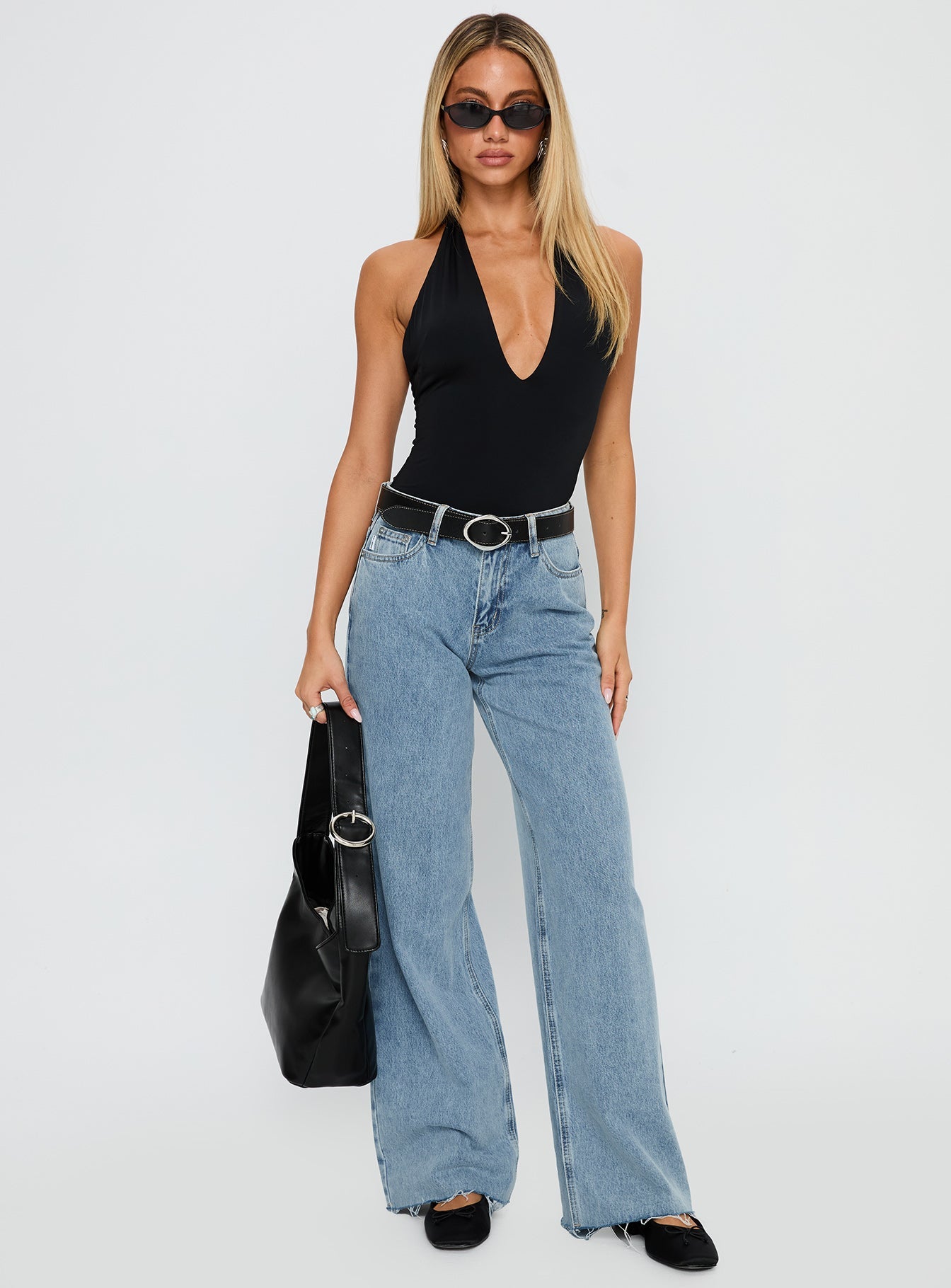 Kendrae Plunge Halter Bodysuit Black