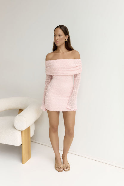 Beloved Dreams Off Shoulder Long Sleeve Mini Dress Pink