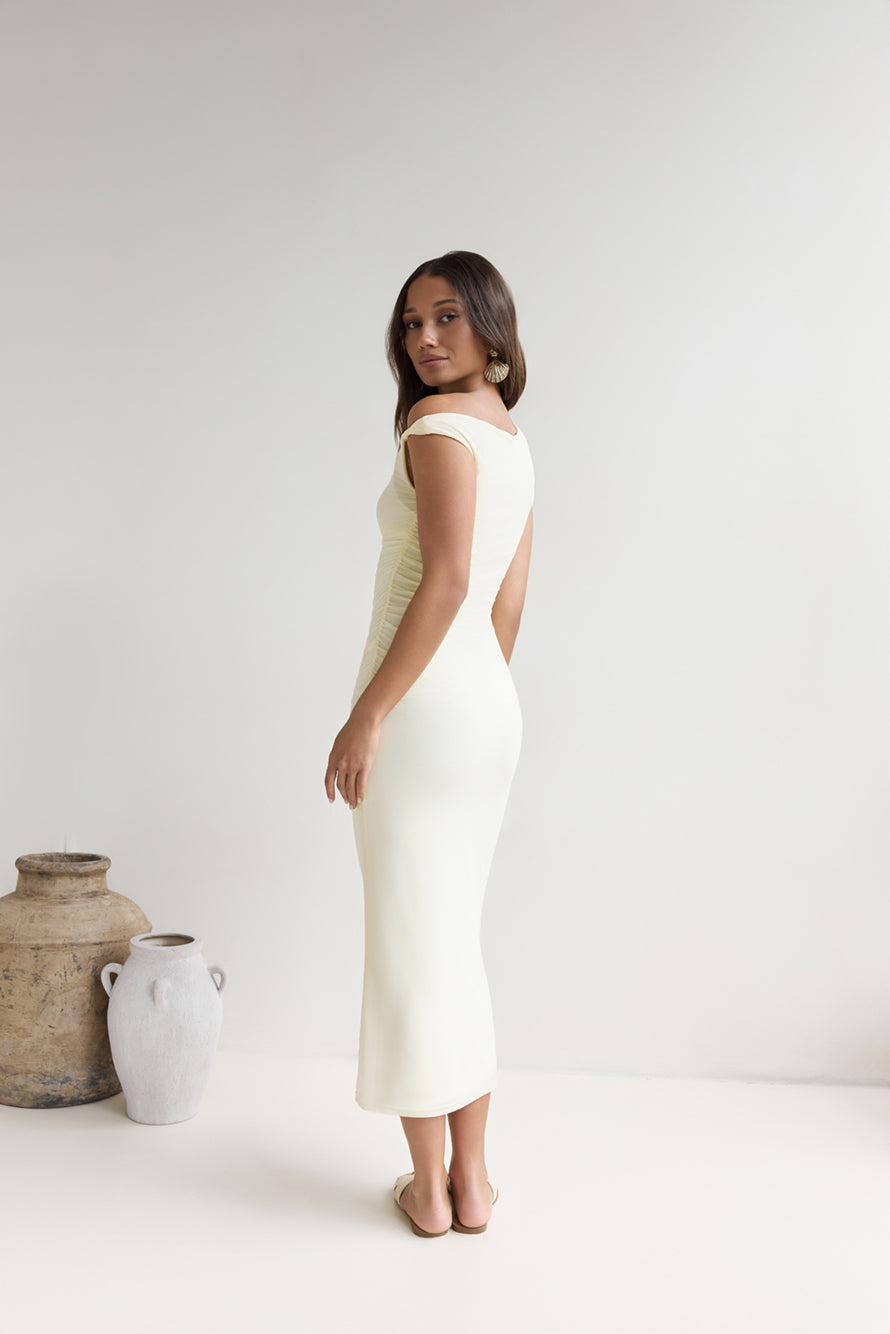 Moonlit Moments Off Shoulder Mesh Maxi Dress Yellow