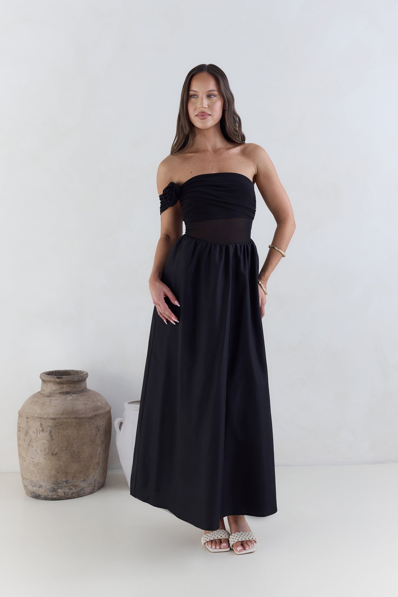 Wish List Getaway One Shoulder Maxi Dress Black