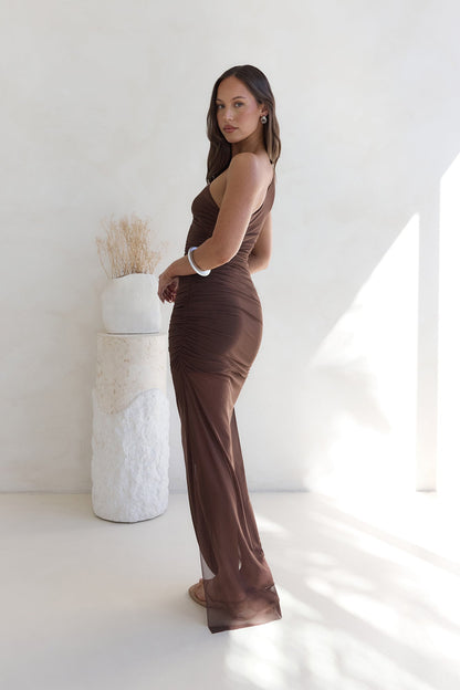 Beachfront Soirée One Shoulder Maxi Dress Chocolate