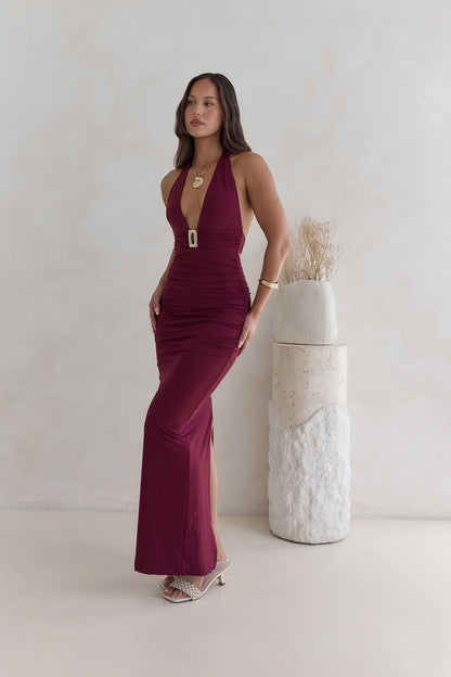 Under The Stars Halter Maxi Dress Burgundy