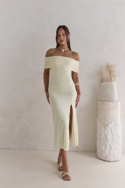 Santorini Strolls Off Shoulder Midi Dress Yellow