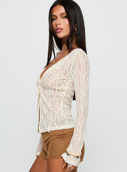Open Your Heart Tie Detail Long Sleeve Top Cream