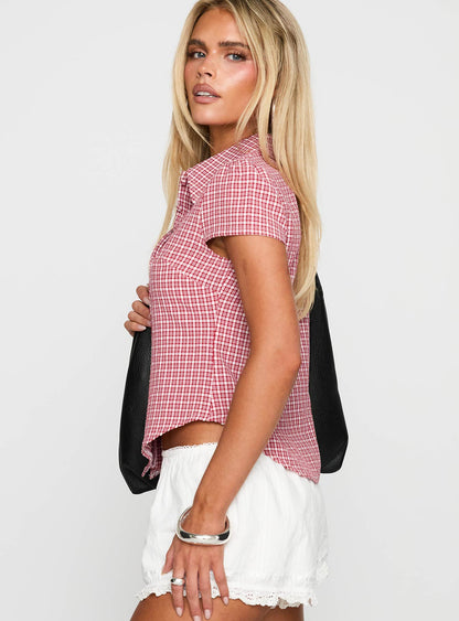 Float Away Button Up Top Red Check