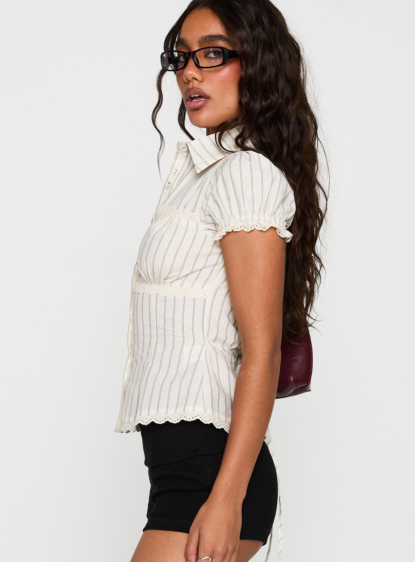 Deserve You Puff Sleeve Button Front Top Cream Stripe