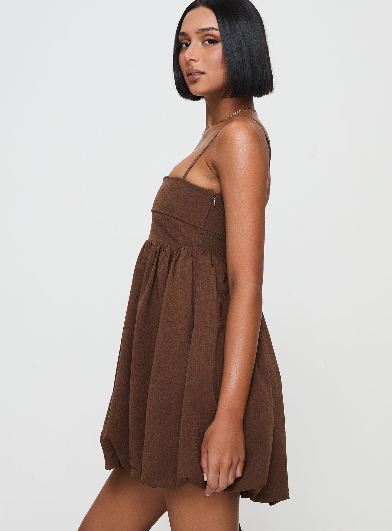 Layken Bubble Hem Mini Dress Chocolate Petite