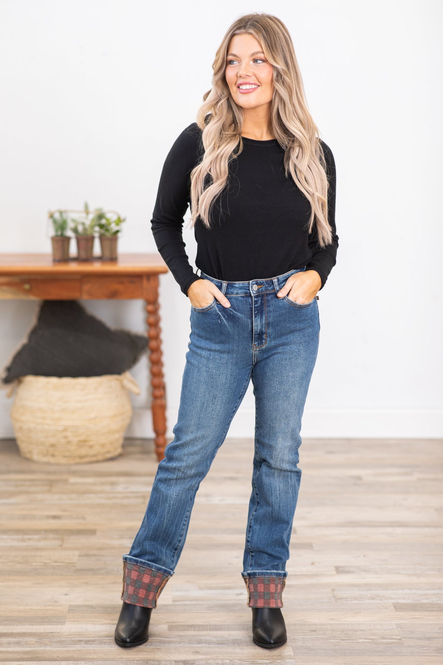 Judy Blue Plaid Print Cuff Straight Leg Jeans