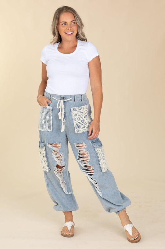 Crochet Detailed Jeans With Drawstrings