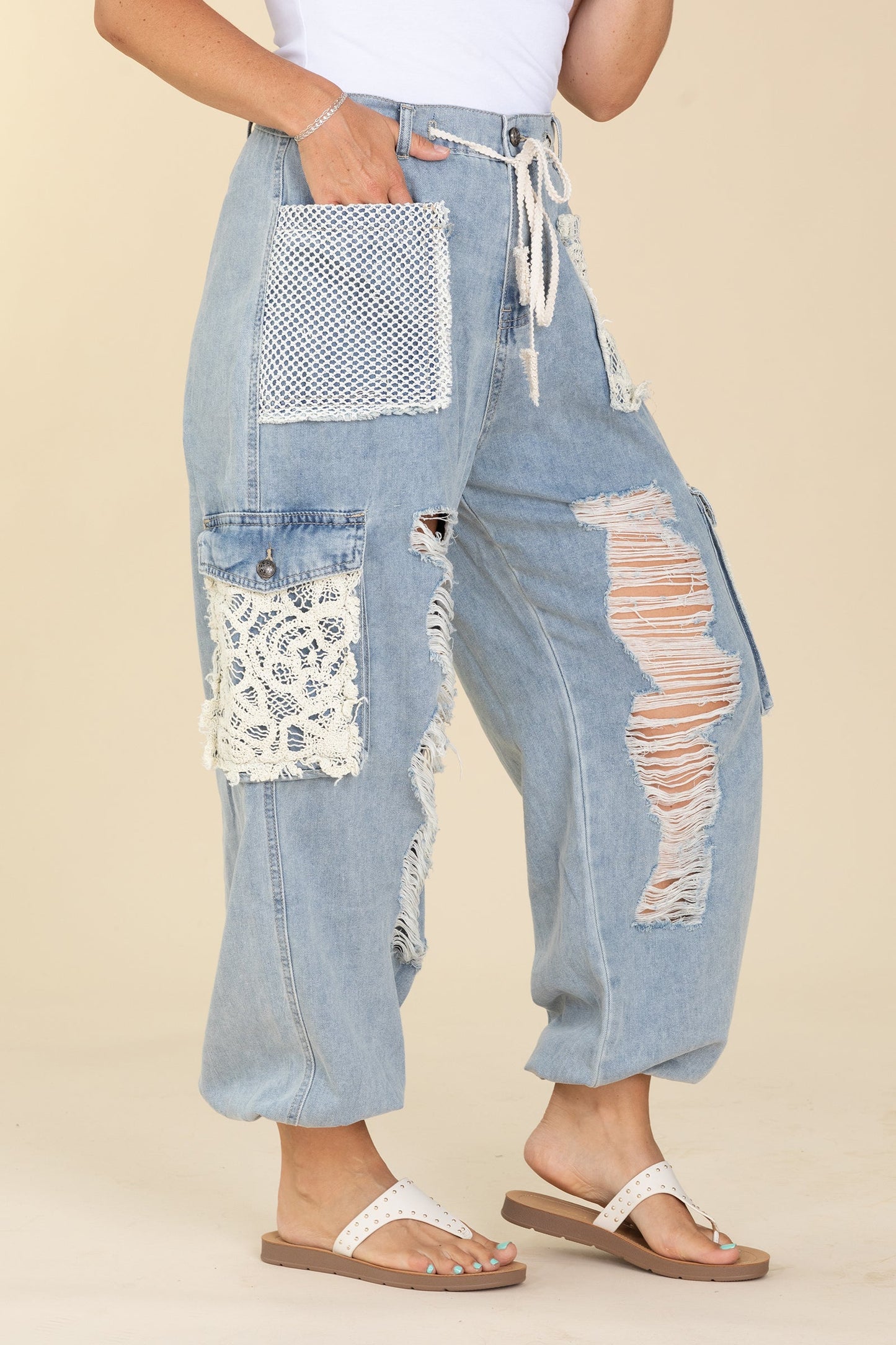 Crochet Detailed Jeans With Drawstrings