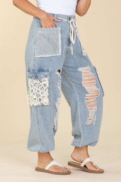 Crochet Detailed Jeans With Drawstrings