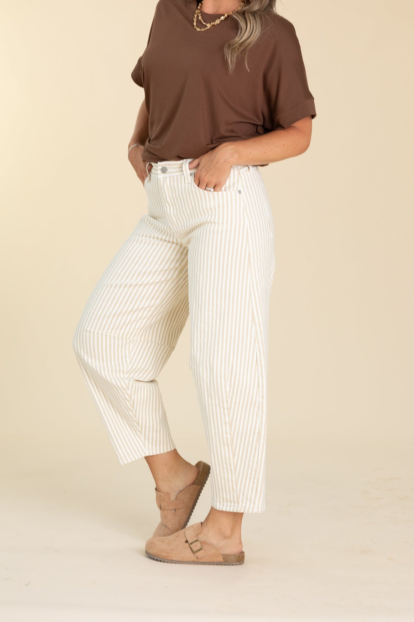 KanCan Beige Low Slung Stripe Barrel Jeans