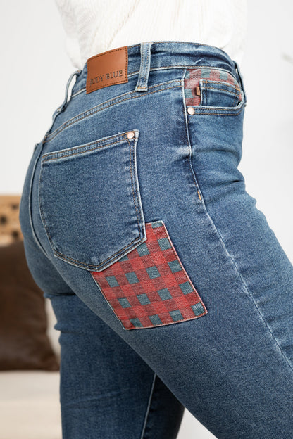 Judy Blue Medium Wash Plaid Patch Slim Jeans
