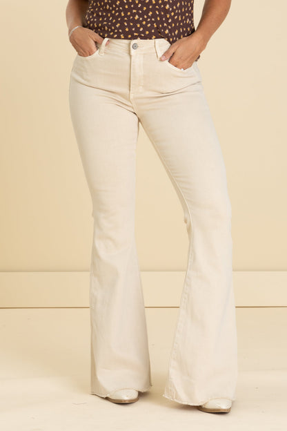 Vervet Beige High Rise Raw Hem Flare Jeans
