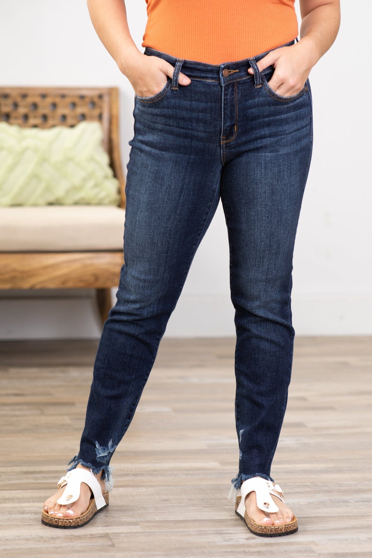 Judy Blue Dark Wash Fray Hem Skinny Jeans