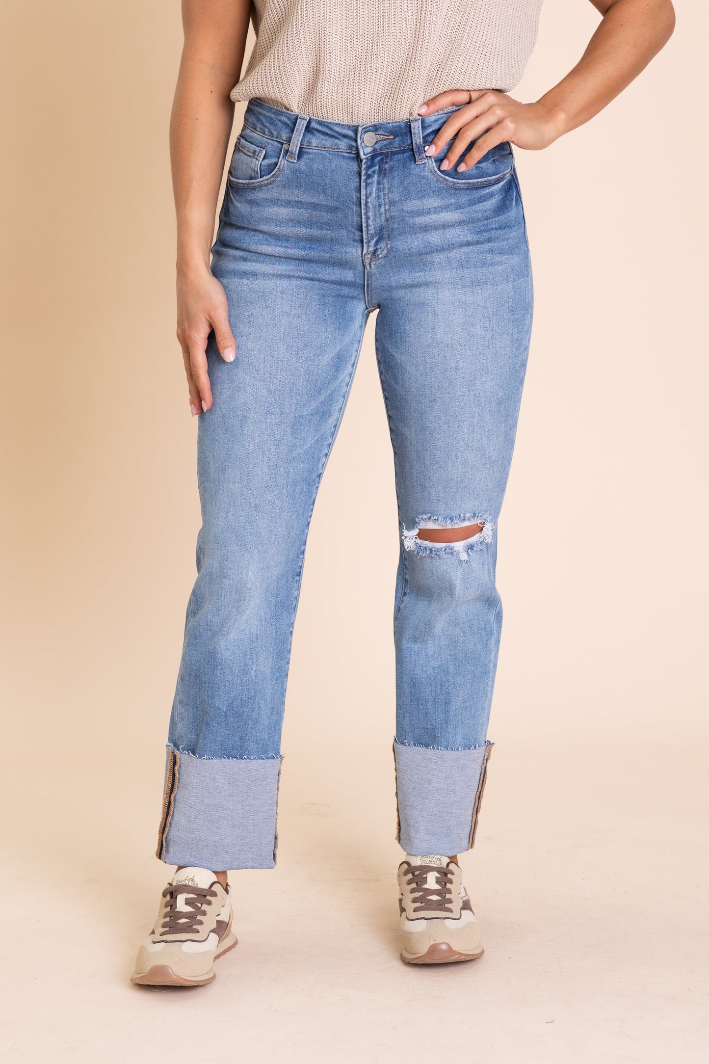 Risen Medium Wash Cuffed Straight Leg Jeans
