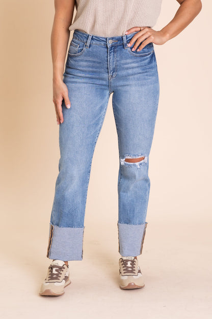 Risen Medium Wash Cuffed Straight Leg Jeans