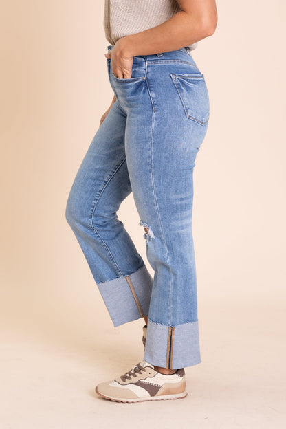 Risen Medium Wash Cuffed Straight Leg Jeans