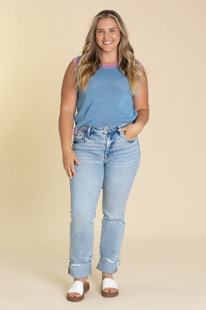 Risen High Rise Crop Straight Cuffed Jeans