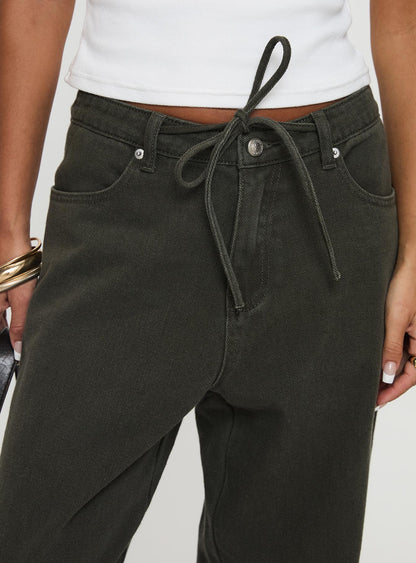 Bruiser Tie Waist Mid Rise Wide Leg Jeans Green Petite