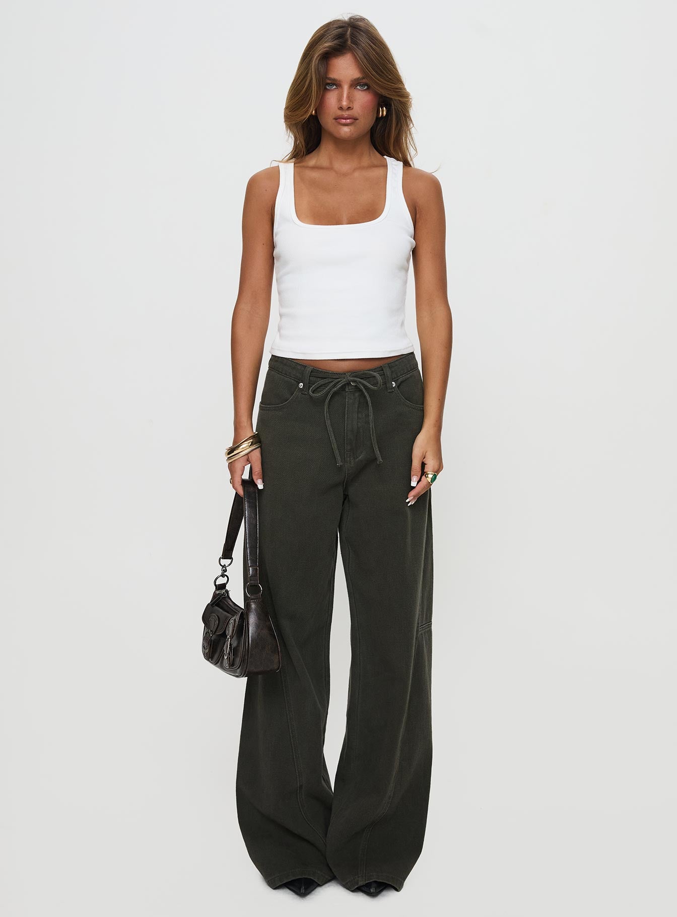 Bruiser Tie Waist Mid Rise Wide Leg Jeans Green Petite