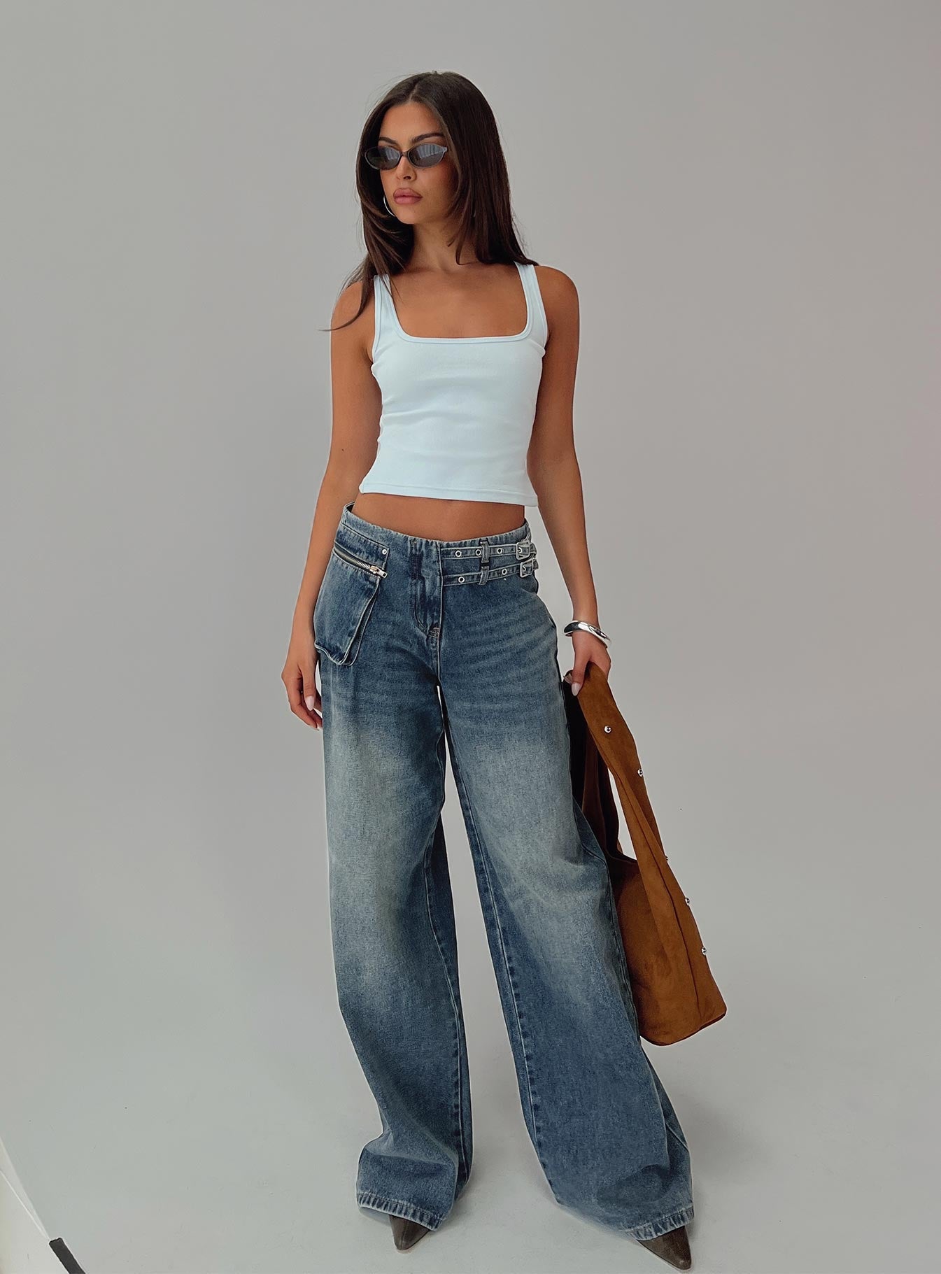 Paltrow Mid Rise Wide Leg Cargo Jeans Mid Blue Wash Petite