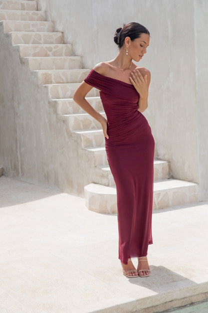 Dahlia One Shoulder Mesh Maxi Dress Maroon