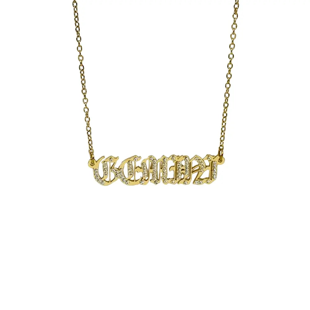 Old English Crystal Nameplate Necklace- Gold
